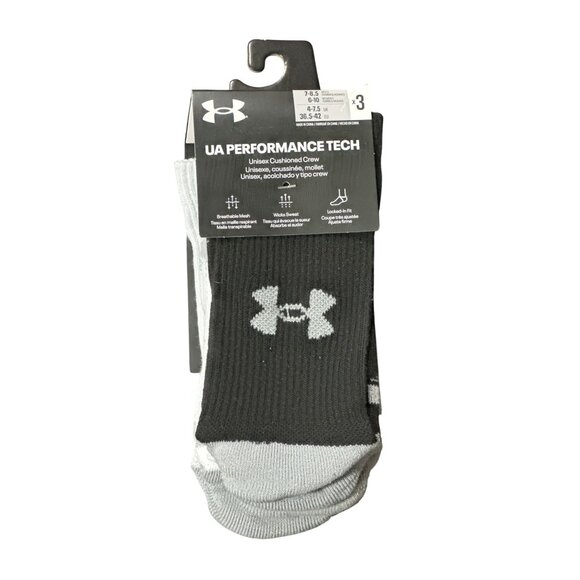Under Armour Performance Tech Crew Socks 3-Pack Unisex Size M Black & Gray - Picture 1 of 3
